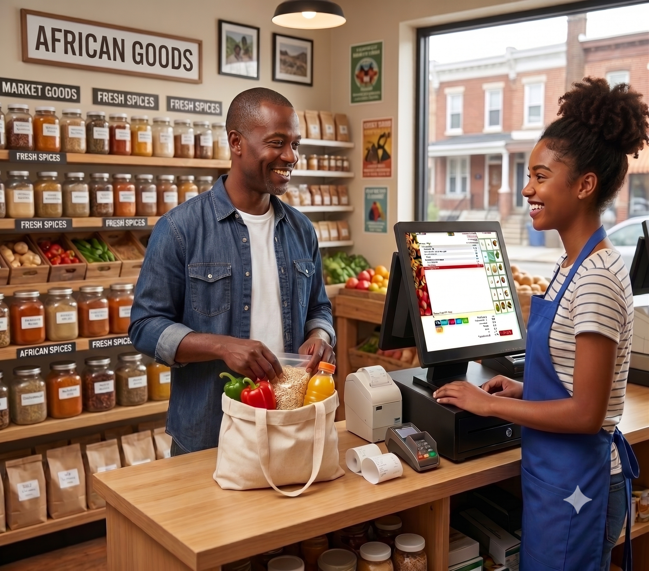 Modern grocery store interior with fresh produce and specialty food shelves