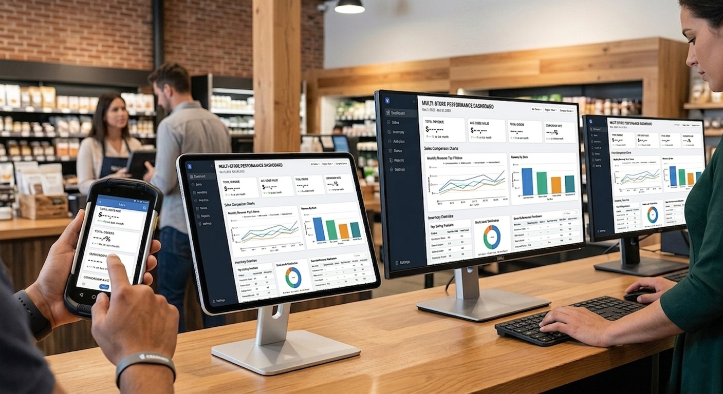 Multi-store performance dashboards on monitors, tablet and handheld device in a grocery store